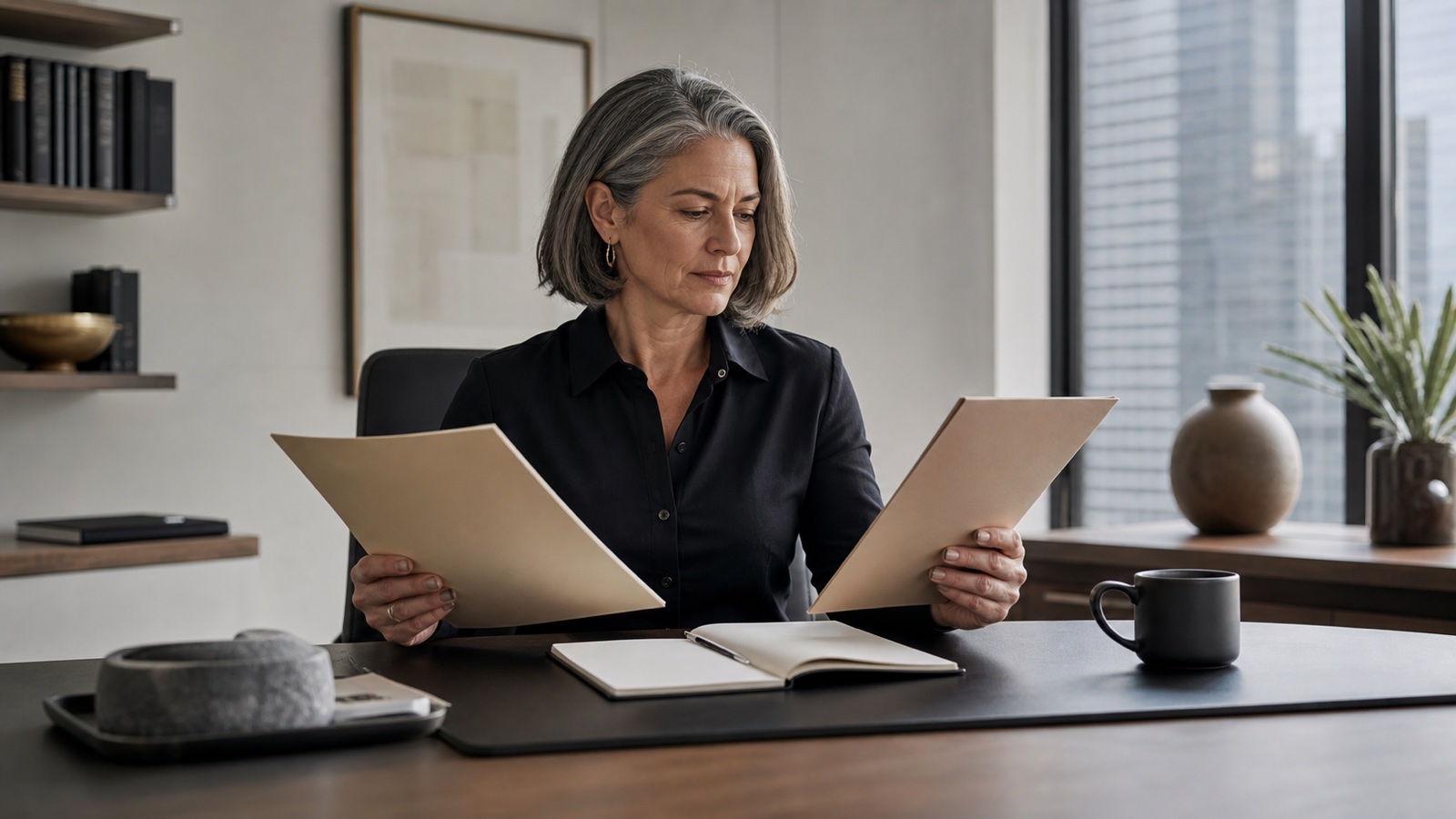 A mature woman founder compares two business folders at her office desk