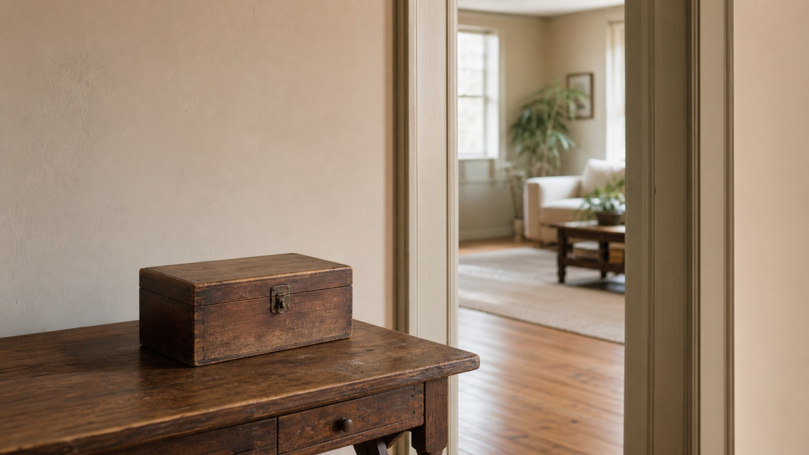 Old wooden keepsake box beside an open doorway leading to a calm sunlit room