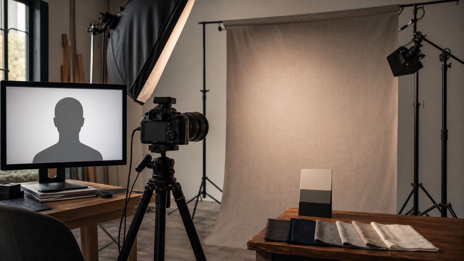 A portrait camera facing an empty studio backdrop beside a faceless digital silhouette
