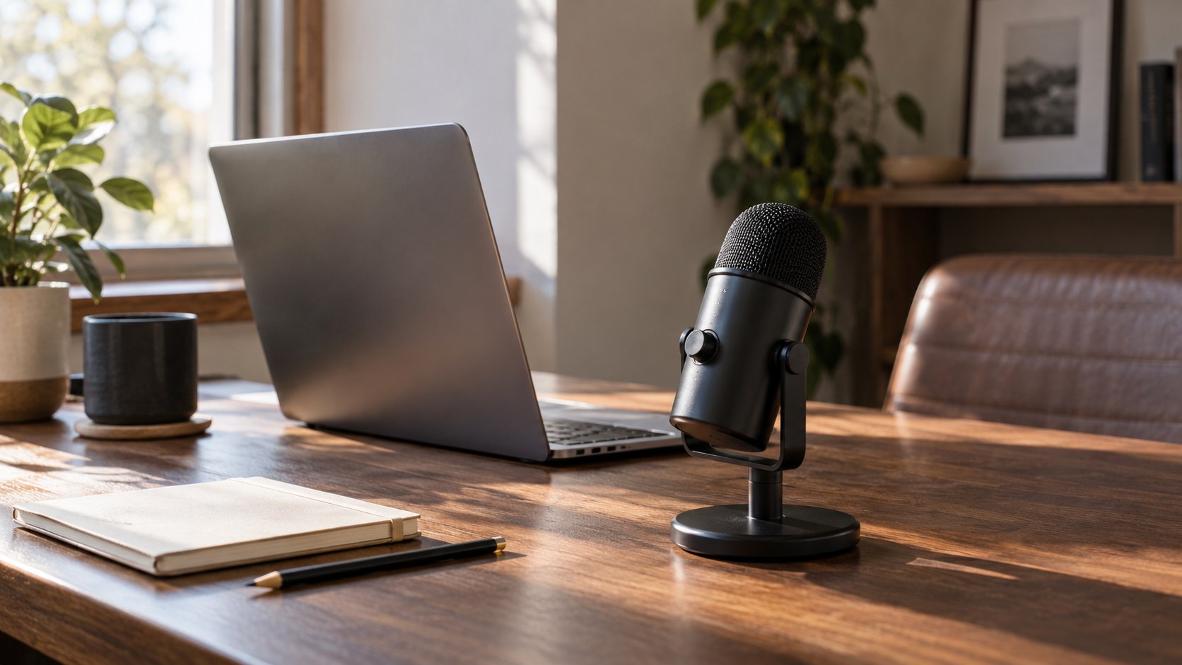 A desktop microphone beside an open laptop, notebook and pencil.