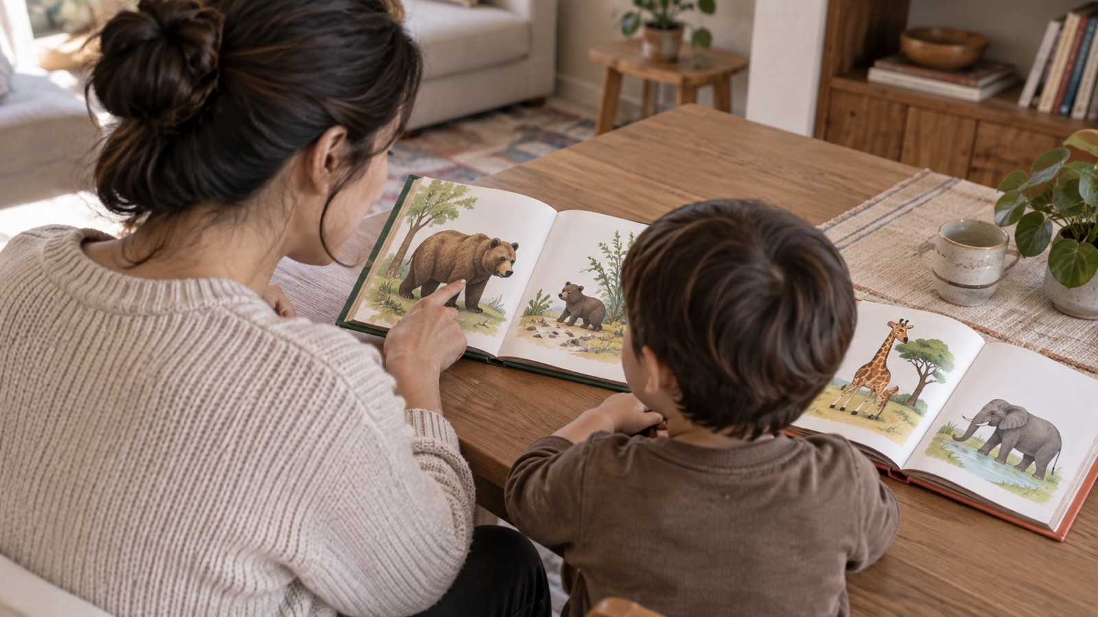 A parent and child sharing two picture books.