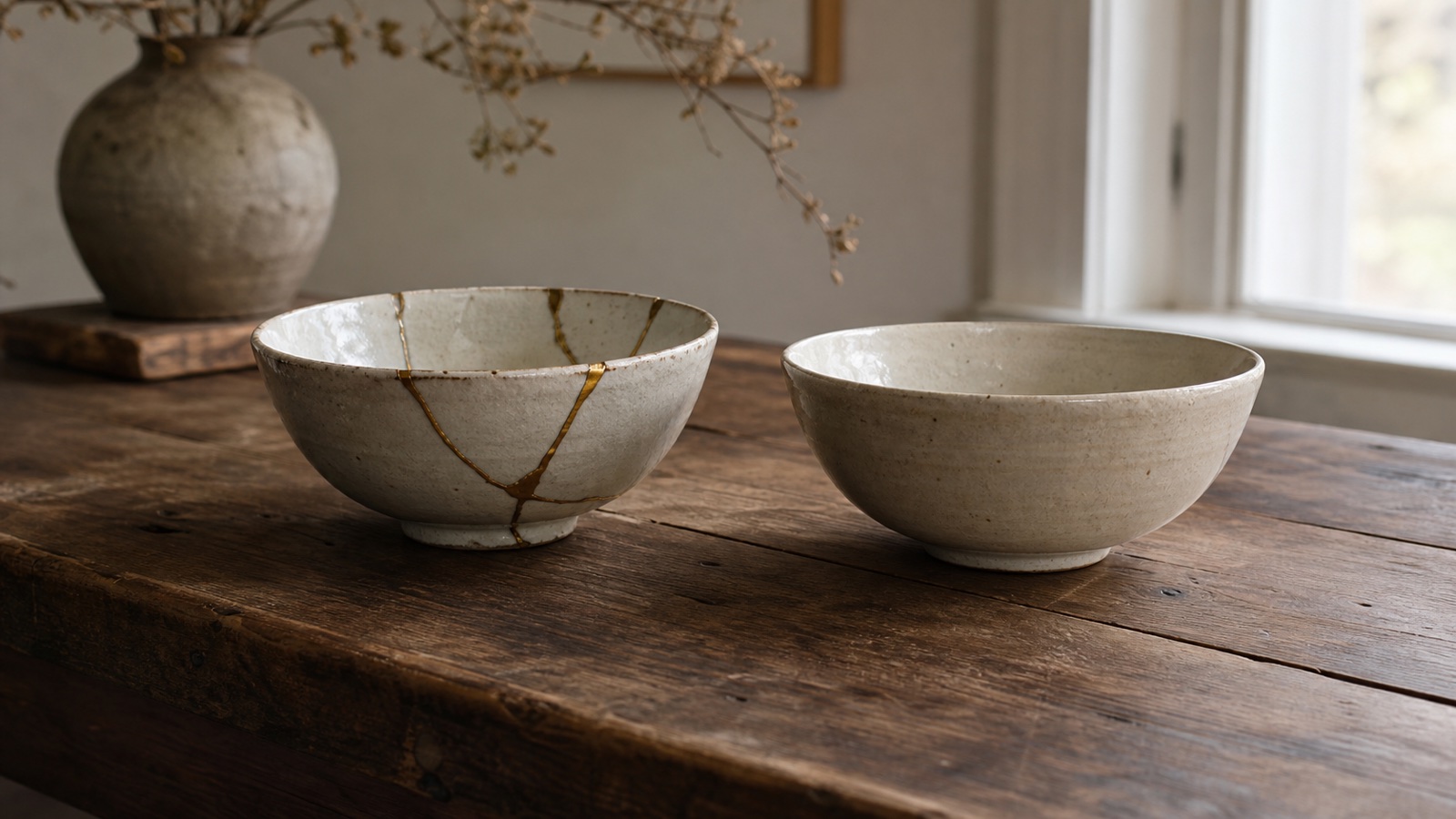 A gold-repaired ceramic bowl beside an intact handmade bowl on a worn wooden table
