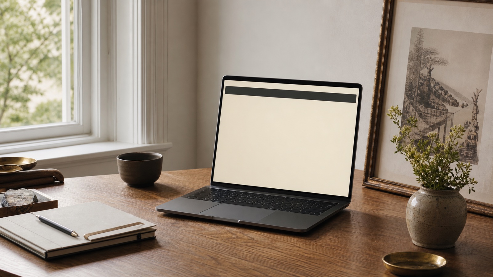 An uncluttered desk with a laptop displaying a simple cream page and dark header