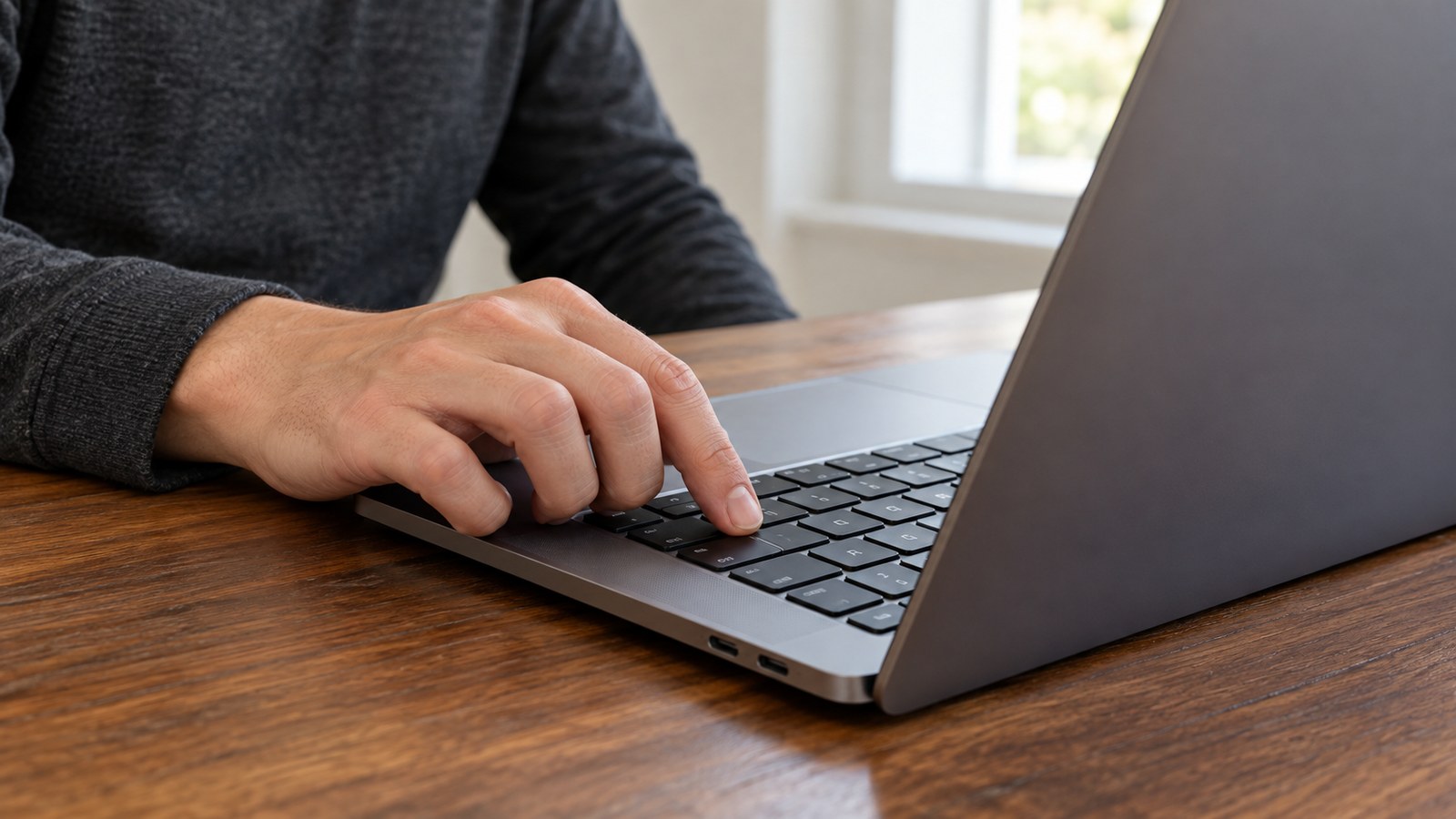 Illustrative close-up of a person using a laptop keyboard during a page review