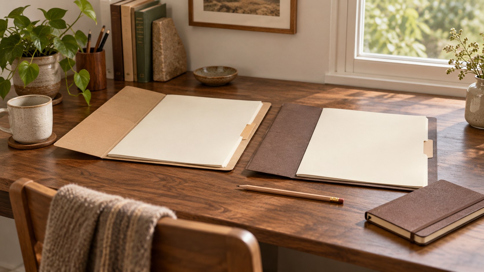 Two open folders with blank pages on a wooden desk beside a pencil and notebook.