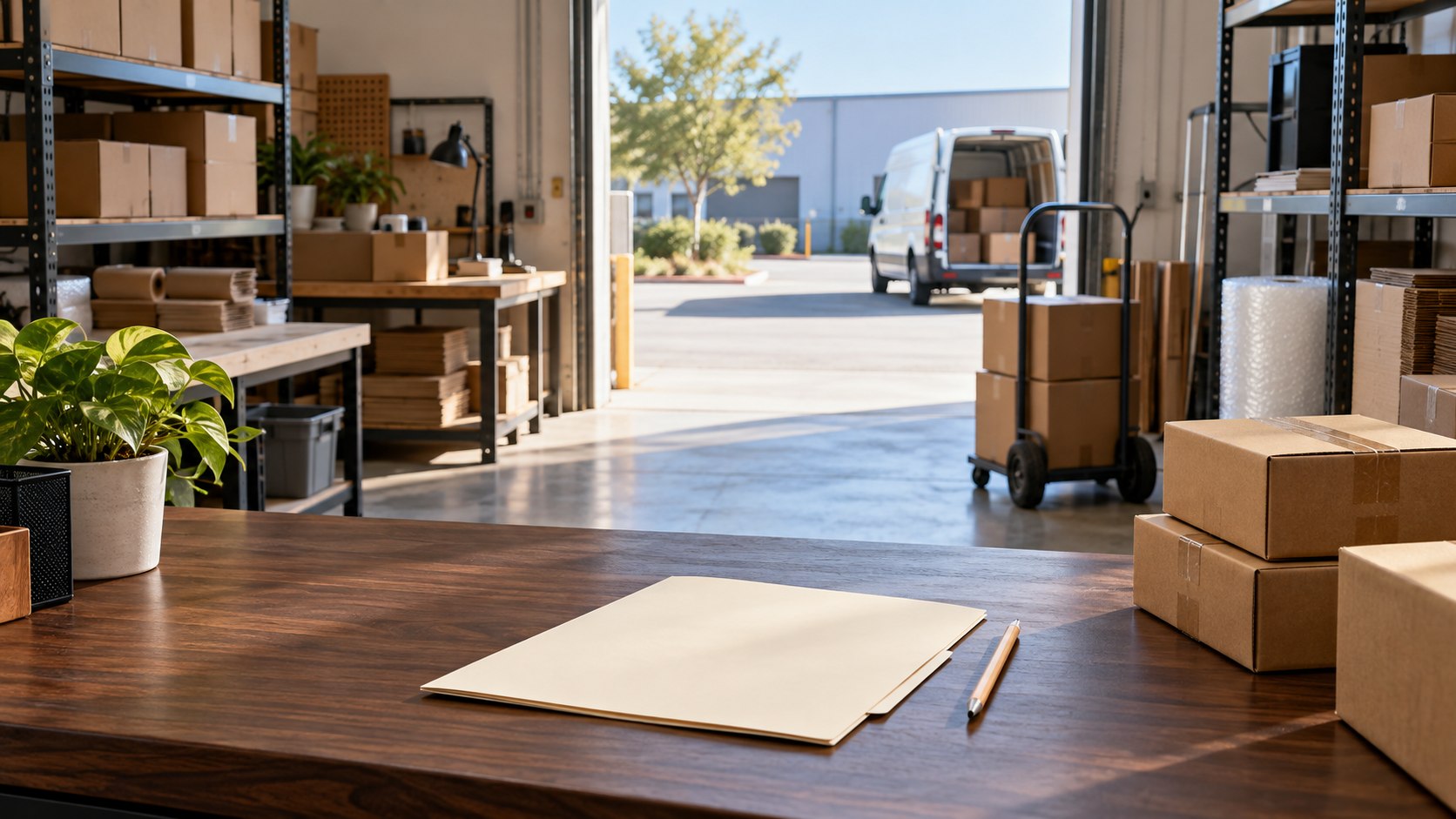 An unmarked folder and pencil on a work counter in a small dispatch workshop, with parcels and an open loading doorway.
