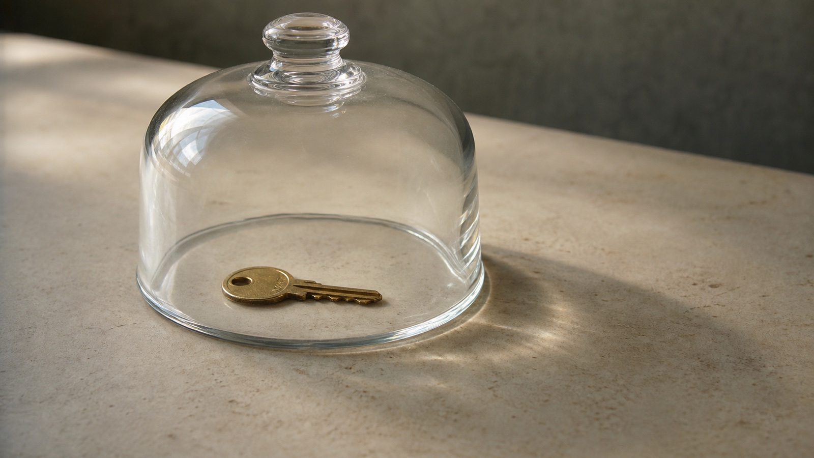 A brass house key trapped beneath a clear glass cloche on a stone surface