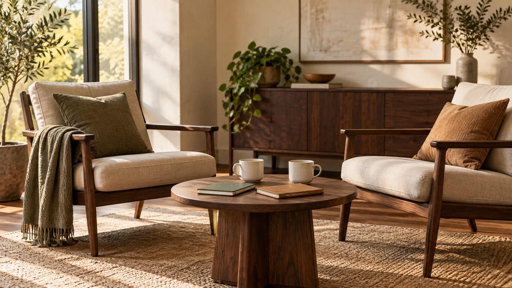Two separate armchairs beside a table with two cups and closed notebooks