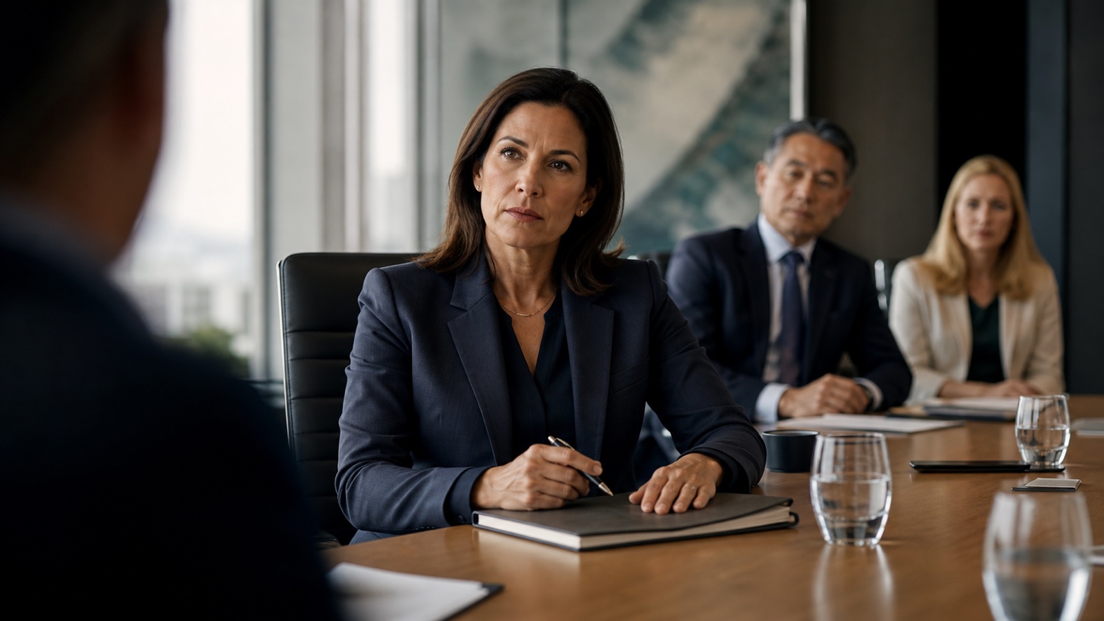 A woman executive pauses before responding during a high-pressure boardroom meeting