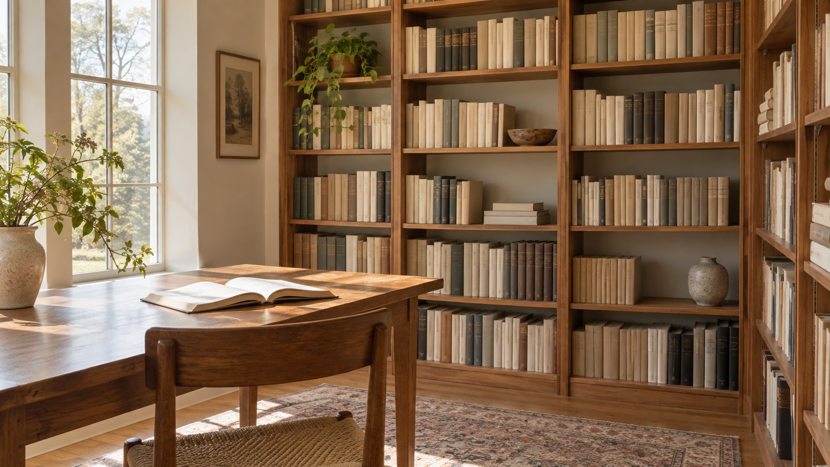 An open reference book on a wooden desk beside shelves in a sunlit library.