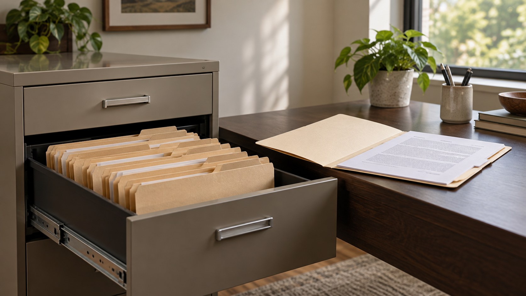 Unlabelled folders in a filing drawer with one folder open on a desk