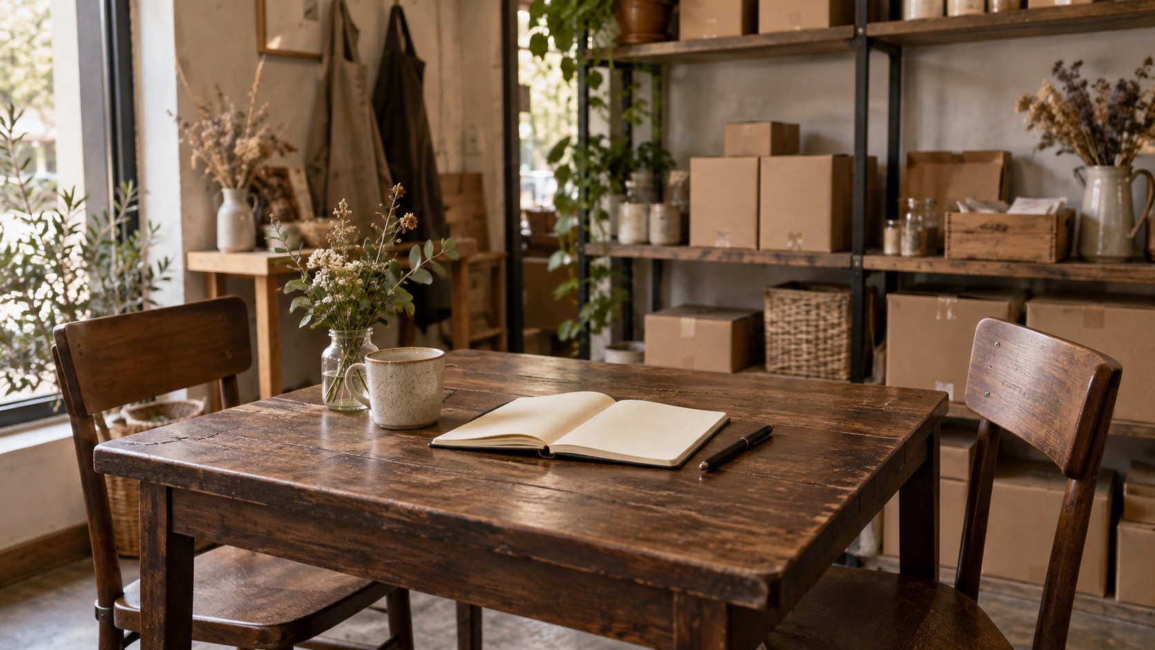 An open notebook and pen on a shop table between two empty chairs