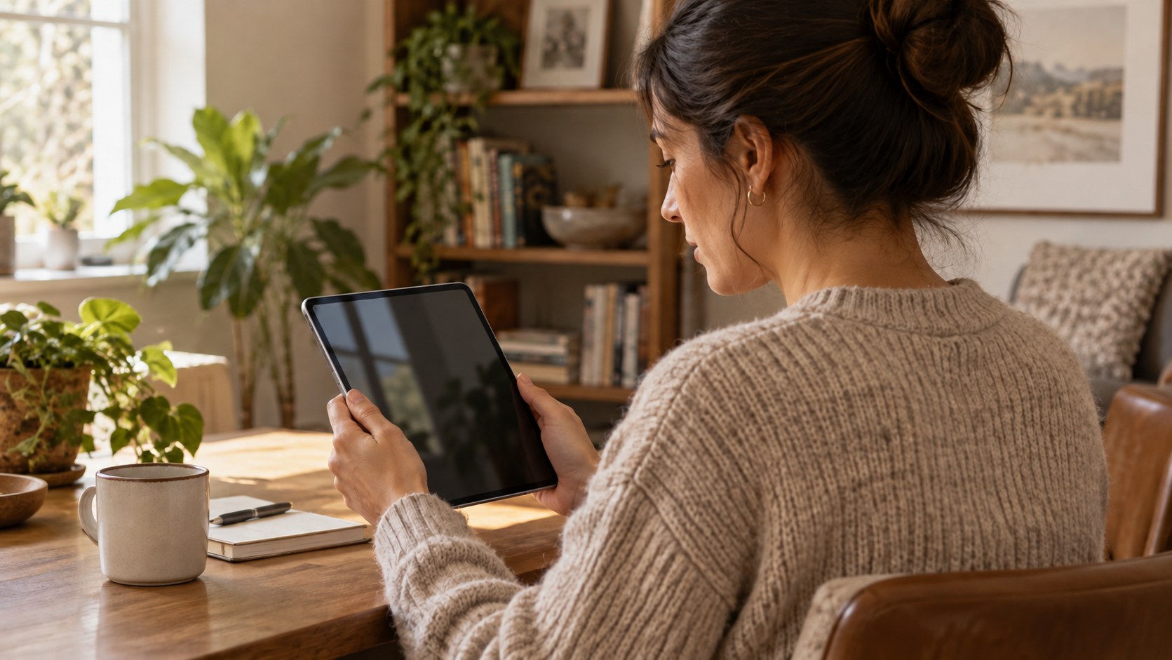 A person holding a tablet with an inactive reflective screen