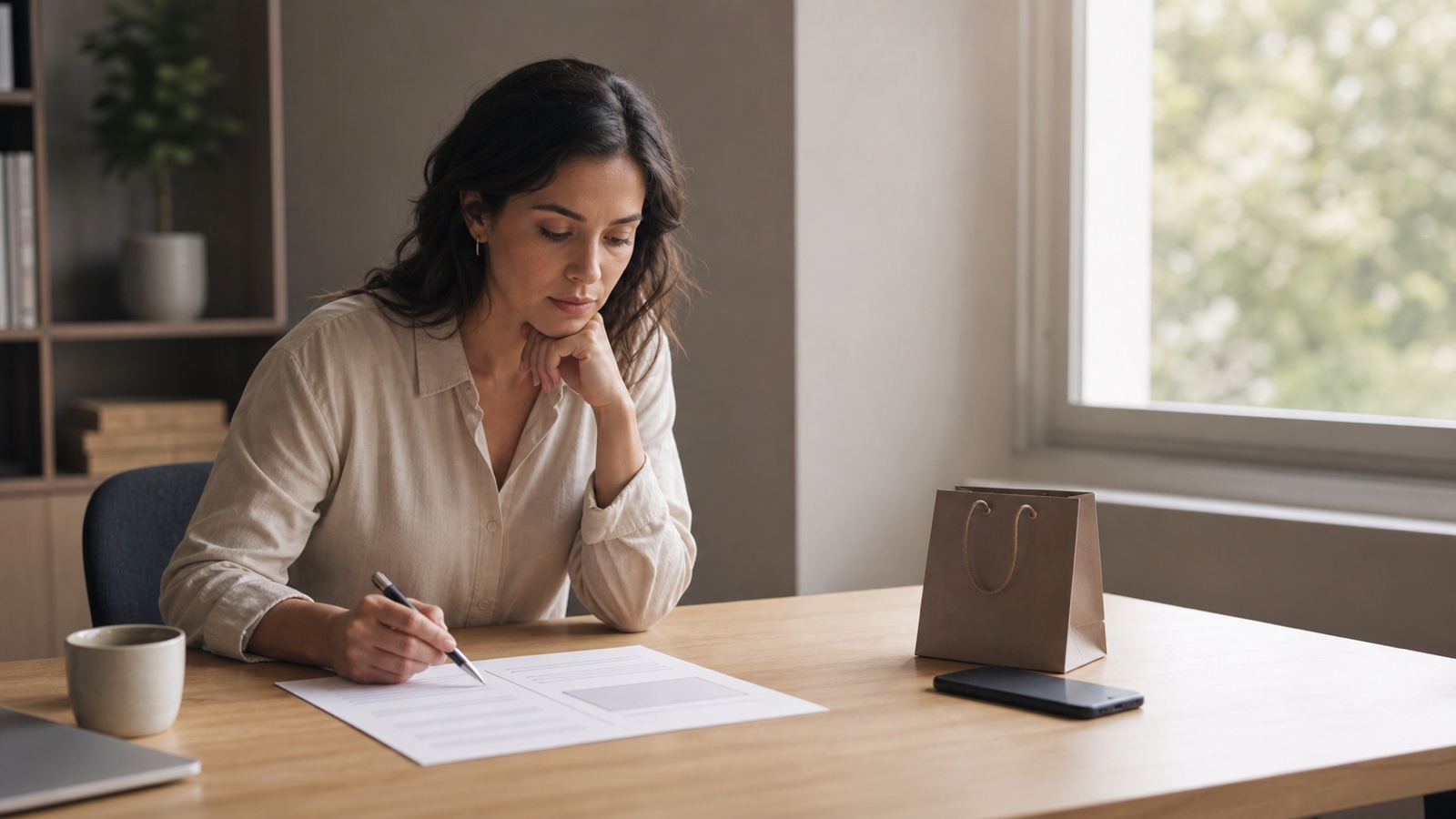 A professional woman reviews a financial plan beside an optional purchase set aside