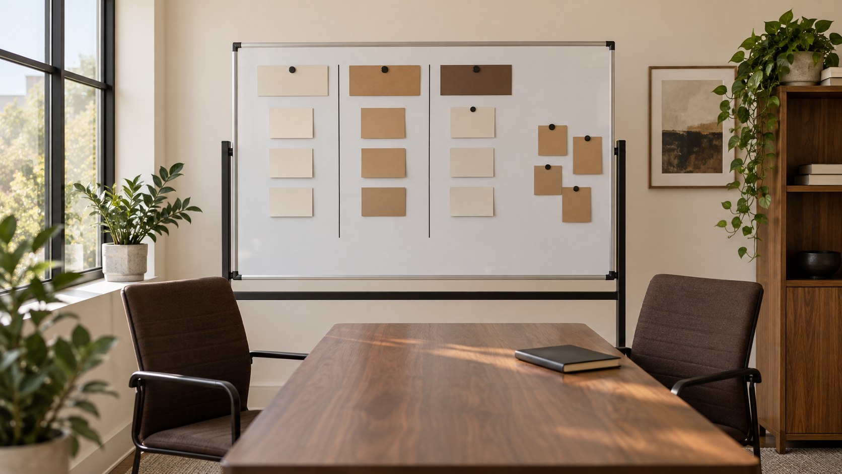 Blank planning cards arranged on a meeting-room board beside two empty chairs.