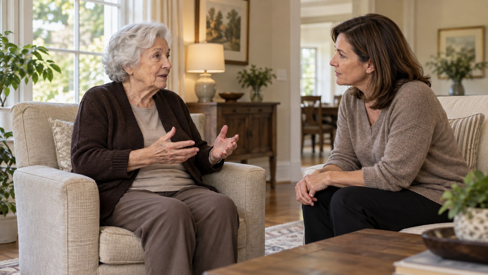 An older woman speaking with a visitor seated beside her