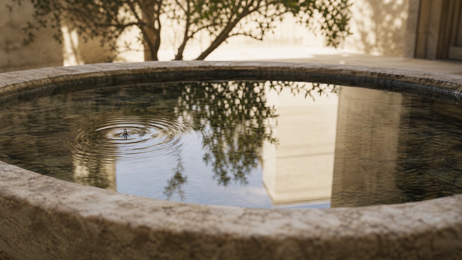 A single water droplet sending ripples across a still stone courtyard basin