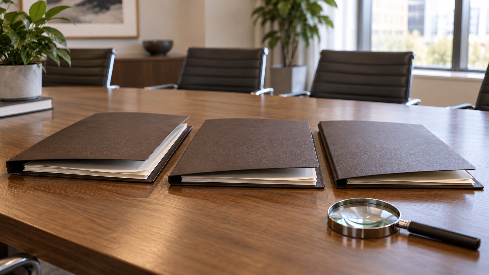 Three unlabelled folders and a magnifying glass on a meeting table with empty chairs.