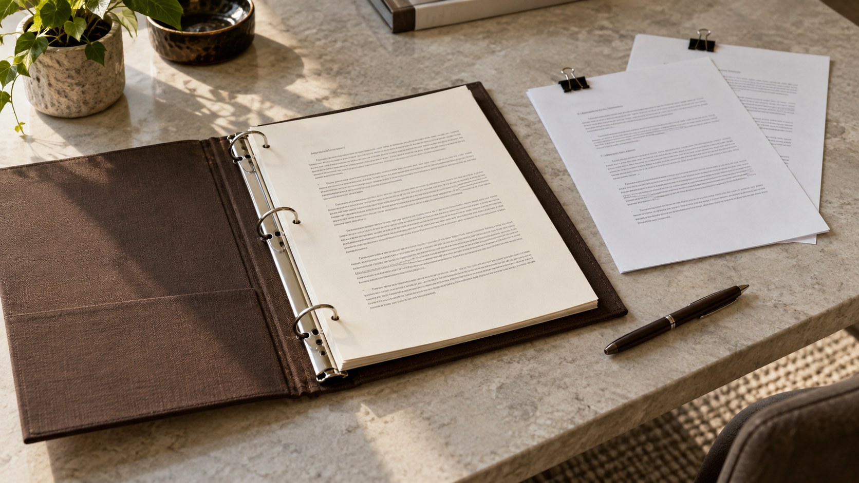An open ring binder beside two clipped documents and a pen on a stone desk.