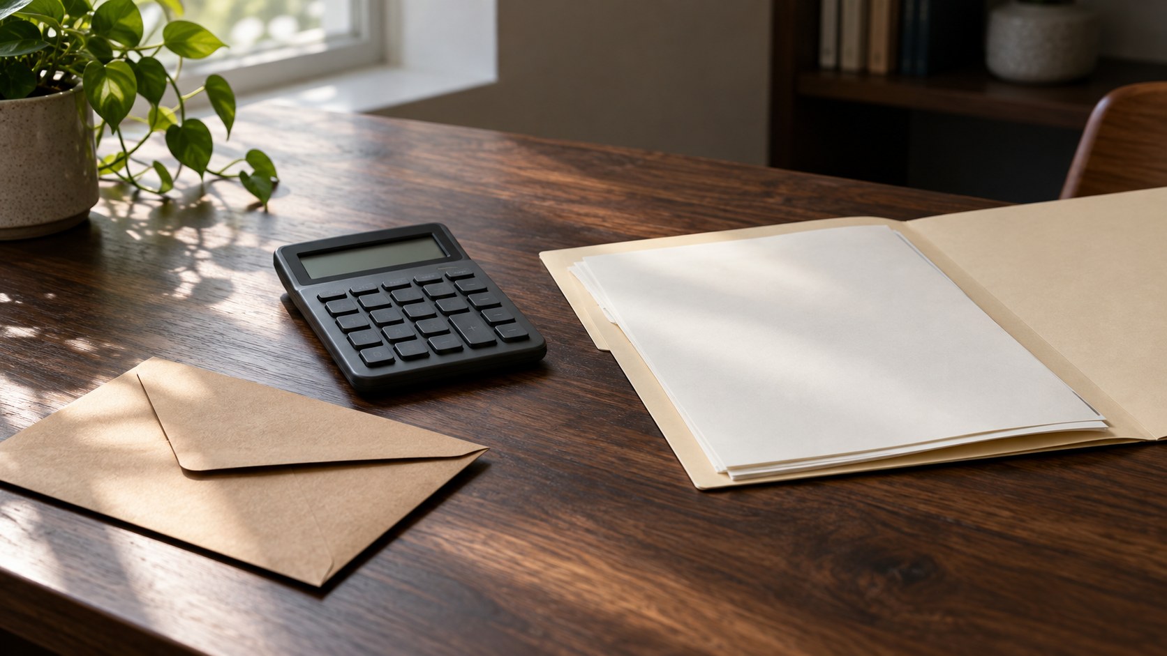 Calculator, blank documents in a folder, and a kraft envelope on a wooden desk.