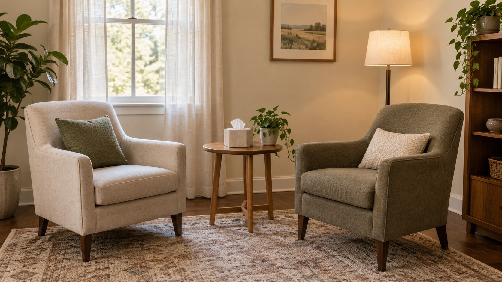 Two upholstered chairs facing a small table in a quiet consultation room
