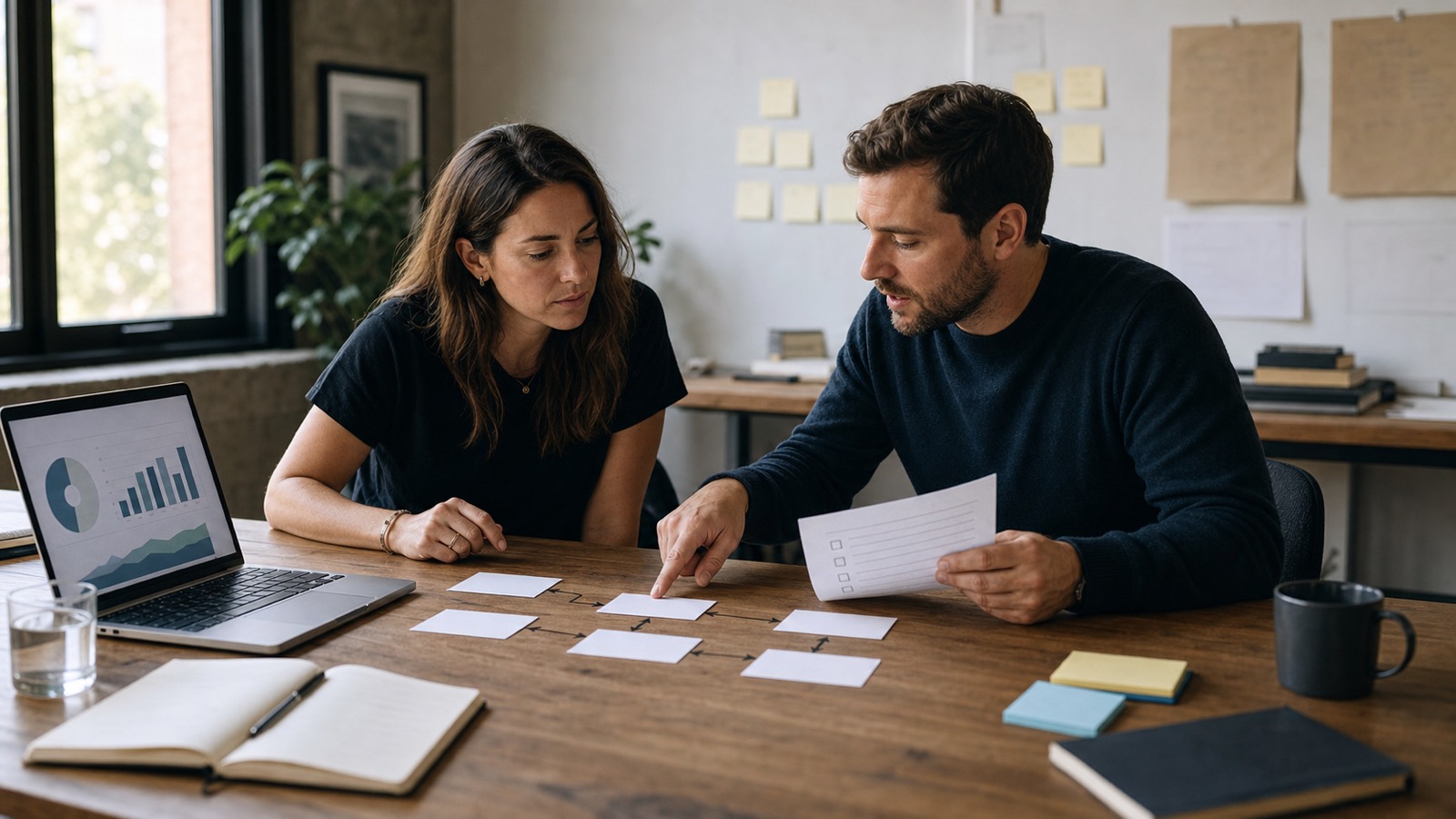 A founder and operations lead map a workflow from cards at a studio-office table