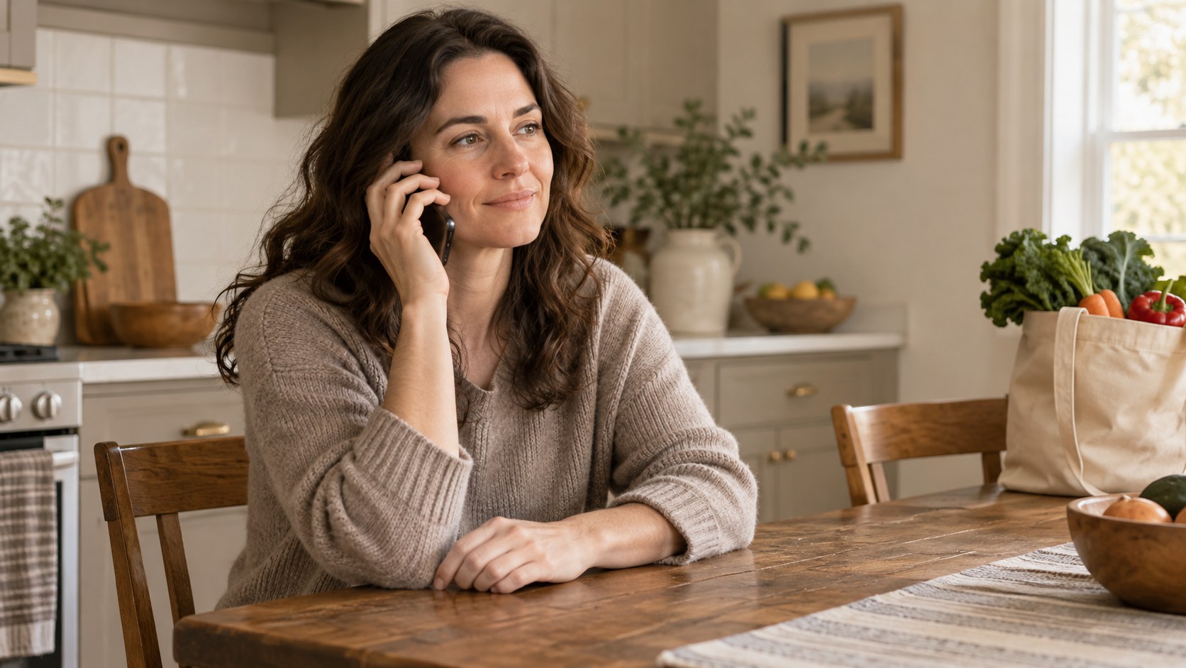 A woman making a phone call at a kitchen table