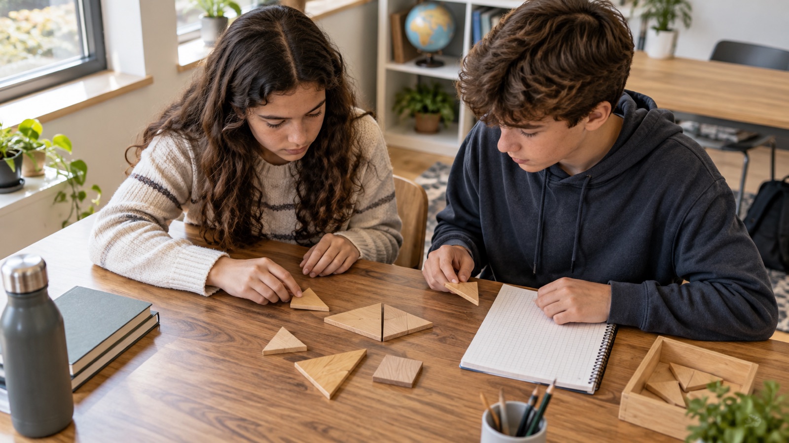 Two children working on separate wooden shape puzzles at the same table.