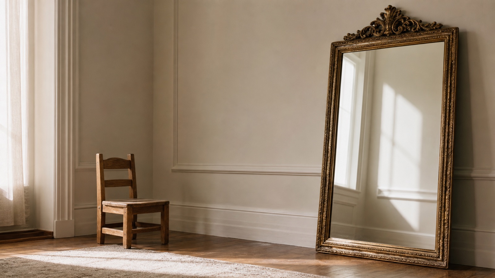 A small wooden chair beside an oversized ornate mirror in an empty sunlit room