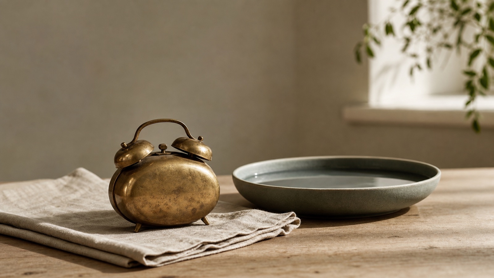 A silent brass alarm clock beside a shallow bowl of still water in morning light