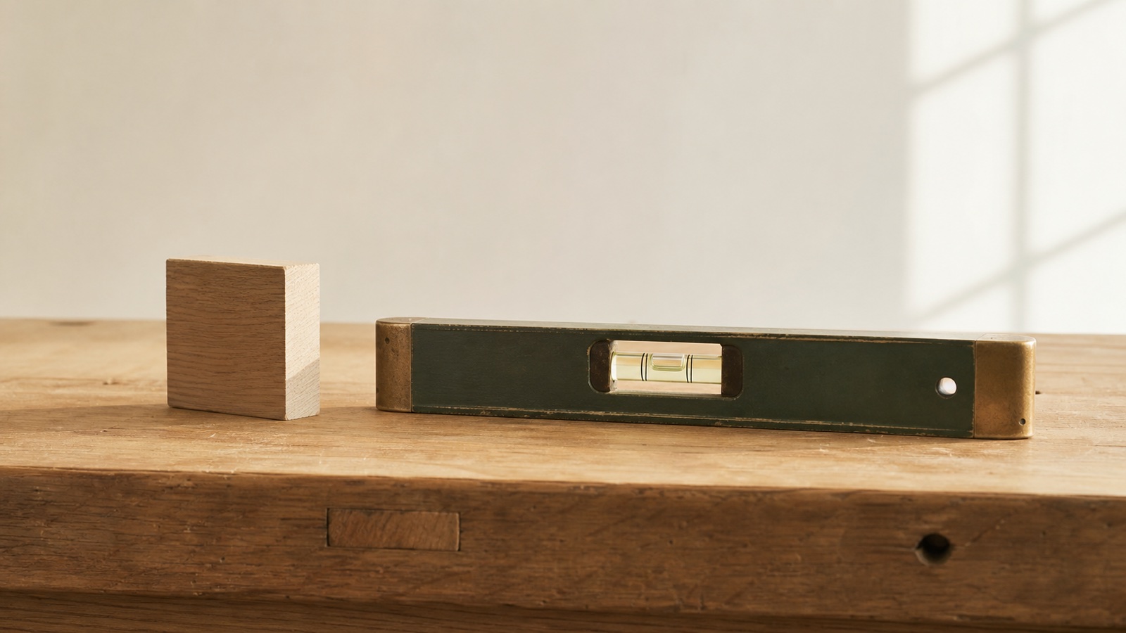 A centered carpenter's level and unfinished wood block on a solid workbench
