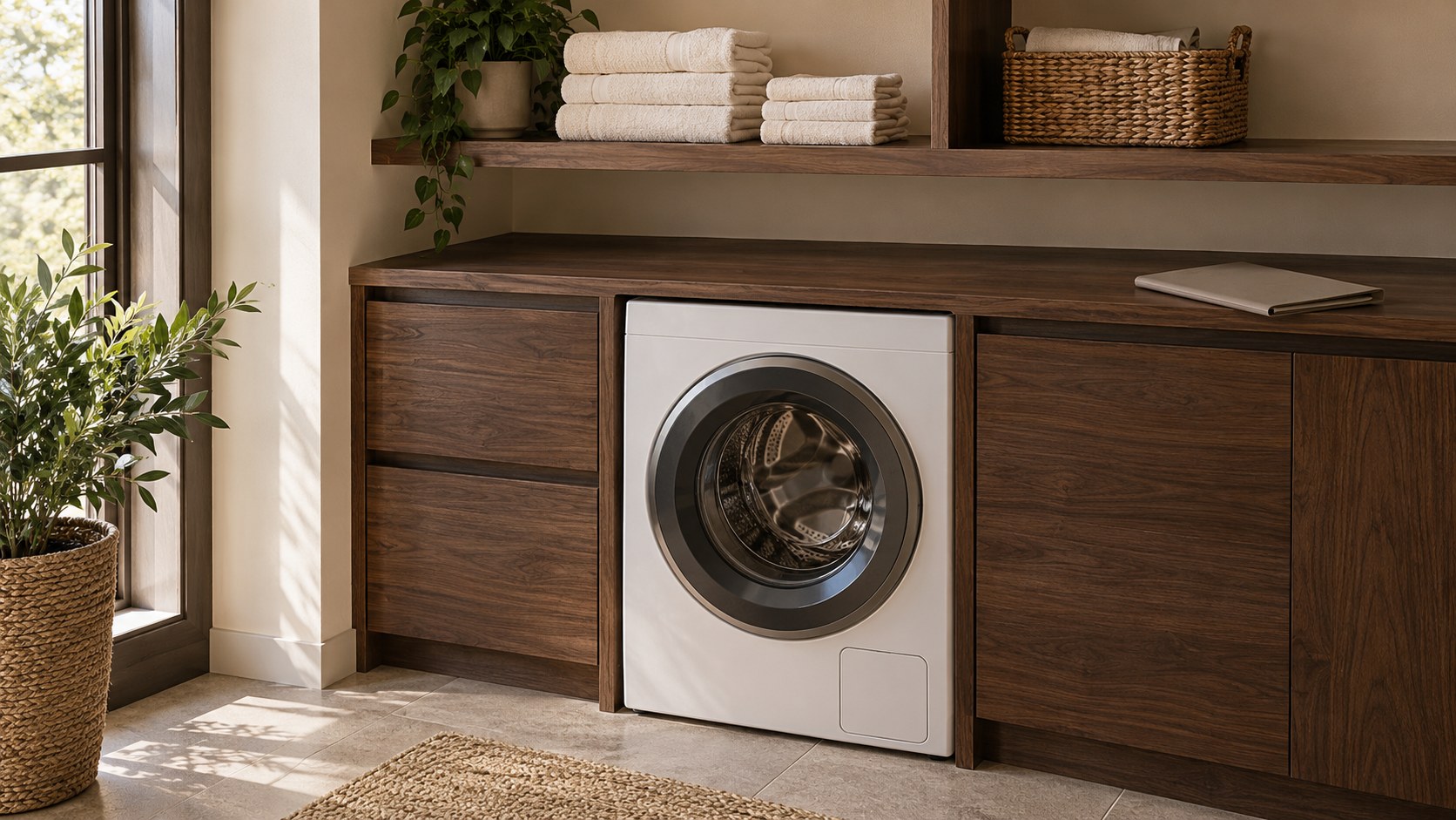 A laundry appliance in wooden cabinetry, with folded towels and a closed folder on the counter.