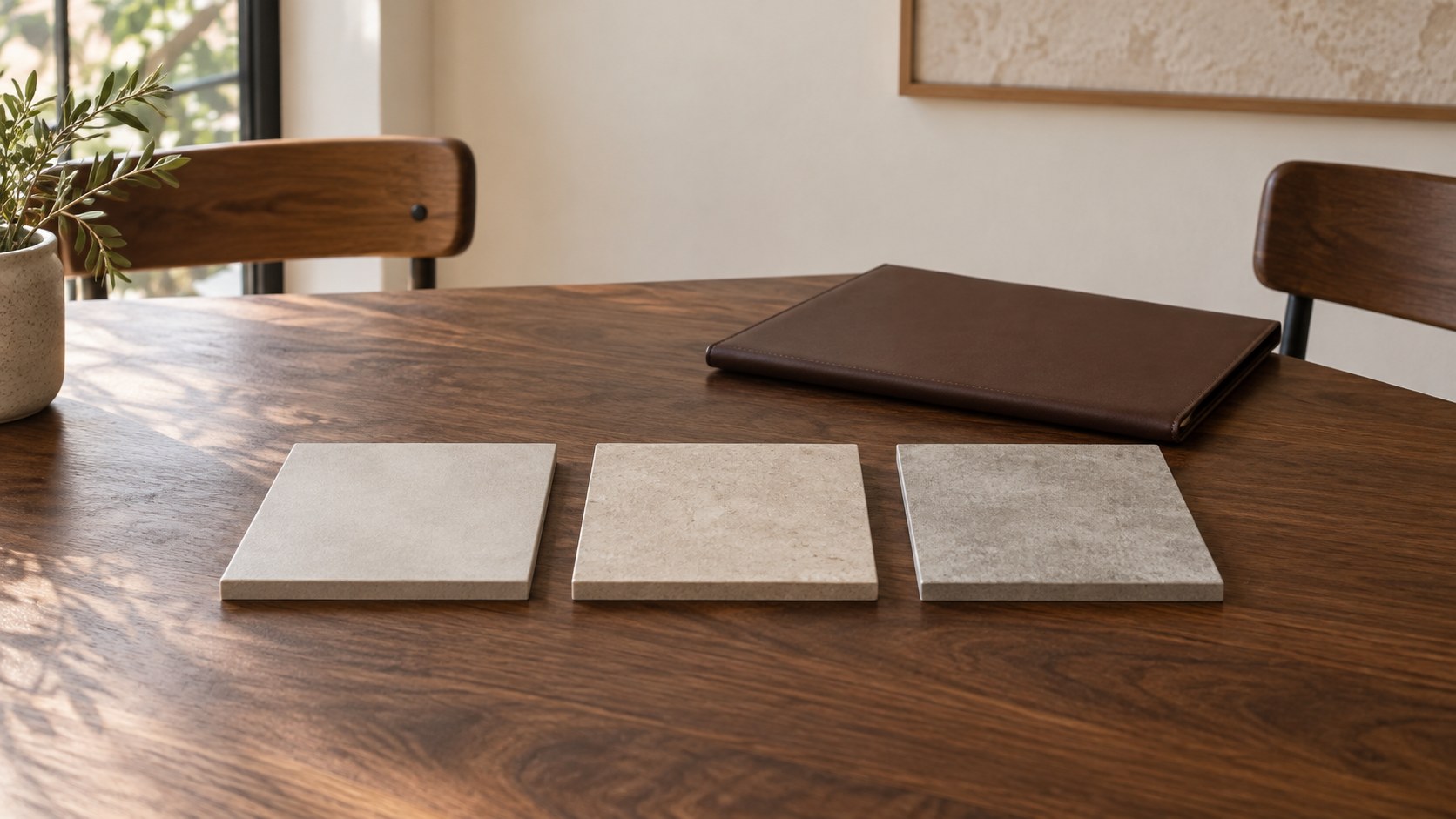 Three tile samples and a closed folder arranged on a table for a supplier comparison.