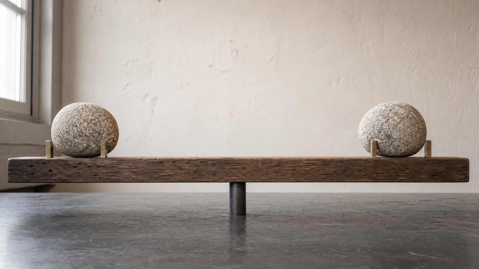 Two equal granite stones balanced across a level wooden beam and steel fulcrum