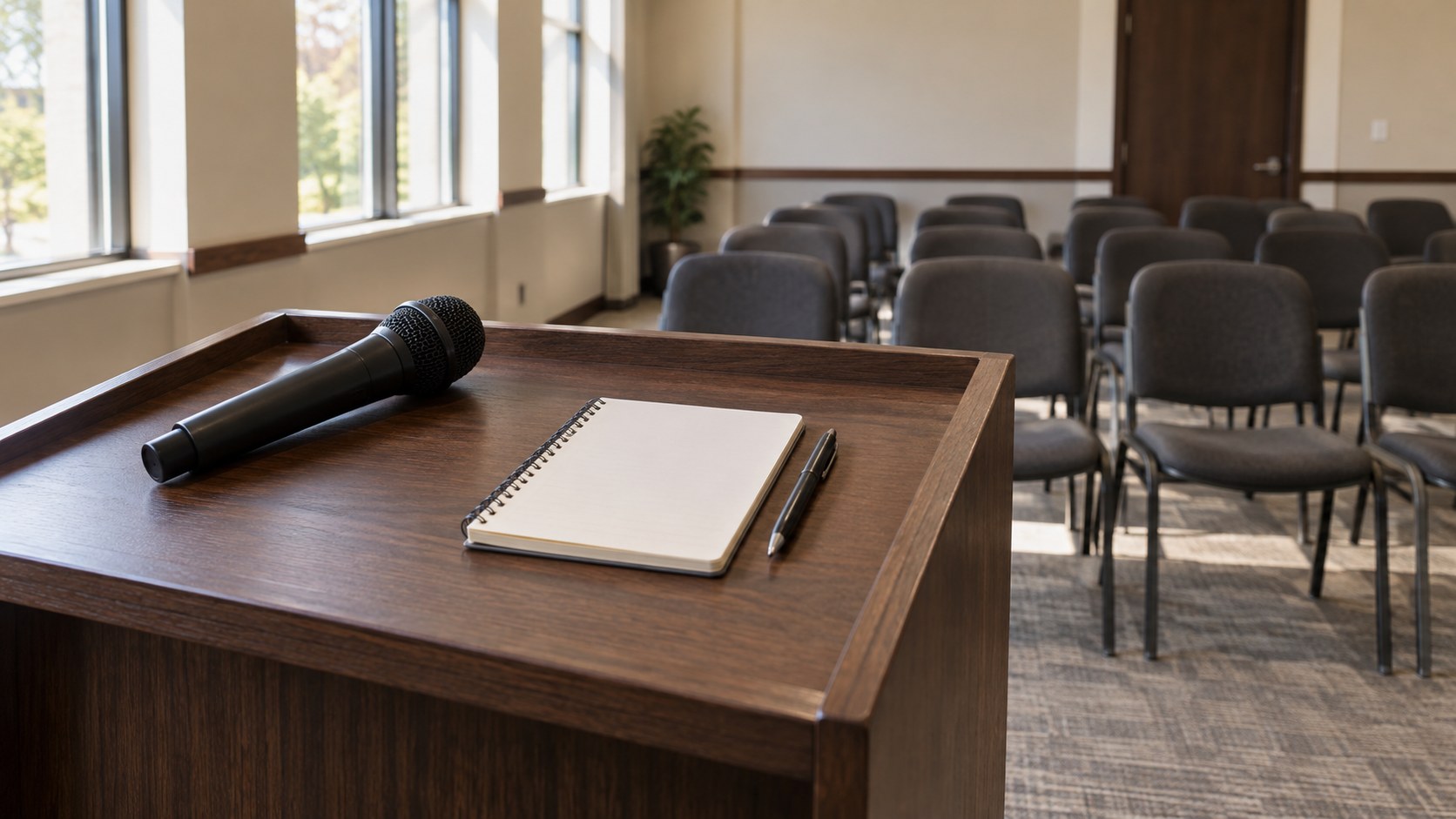 A handheld microphone, blank notebook and pen on a lectern in an empty conference room