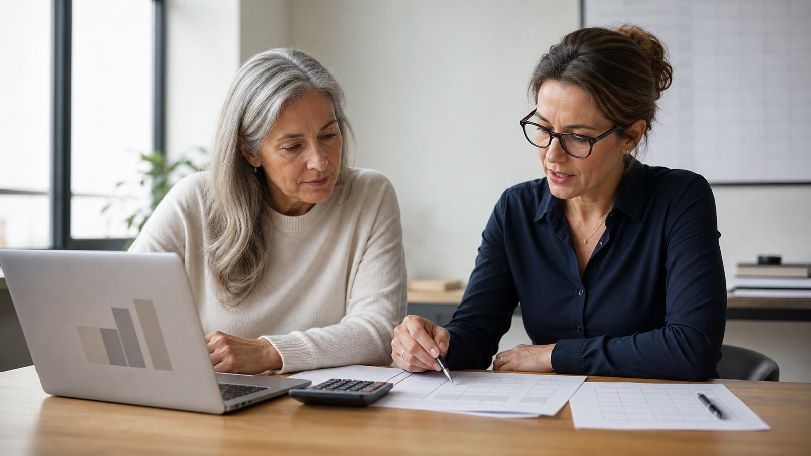 Two women reviewing business planning worksheets beside a laptop and calculator