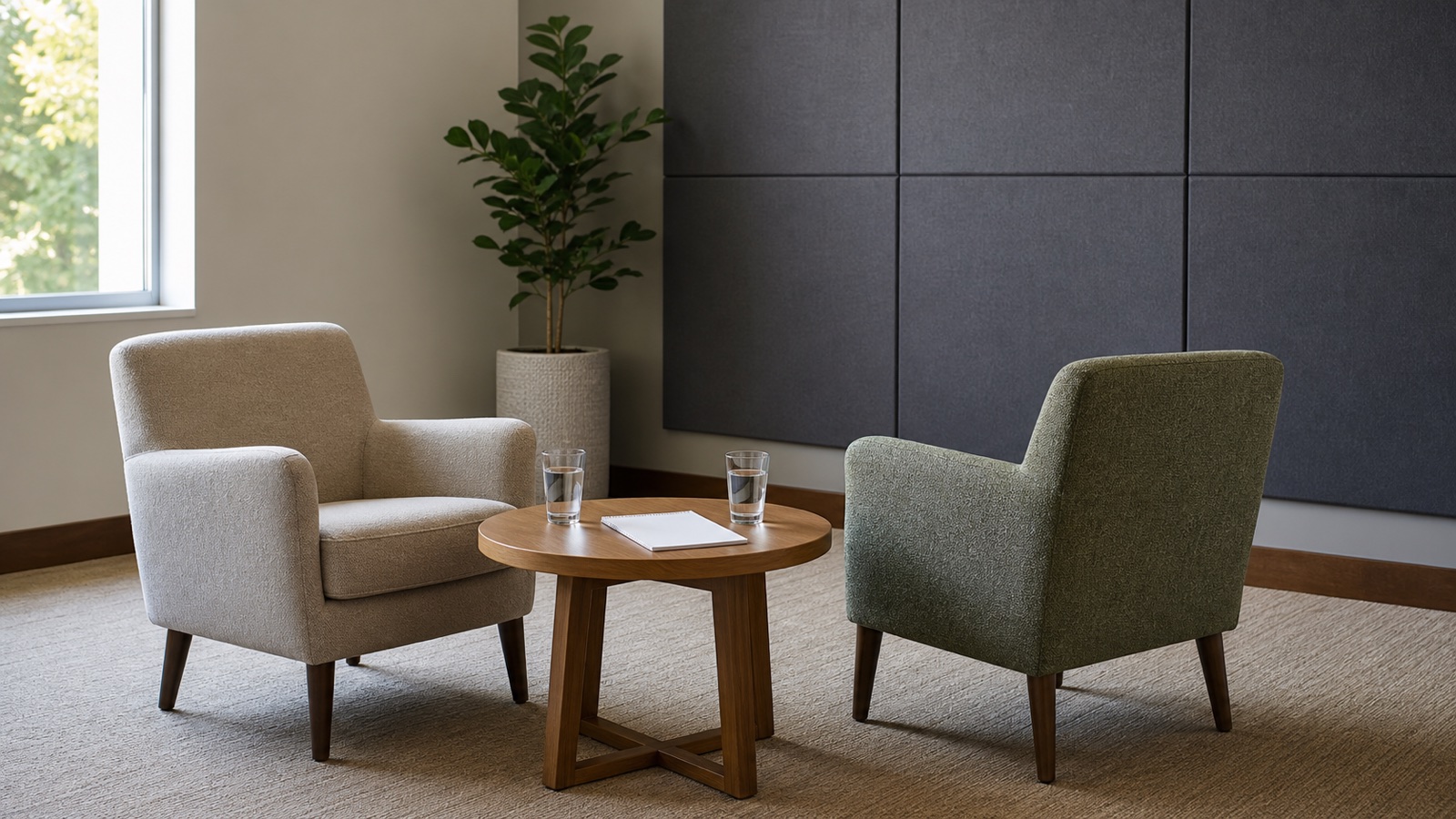 Two chairs angled for a calm conversation beside acoustic wall panels