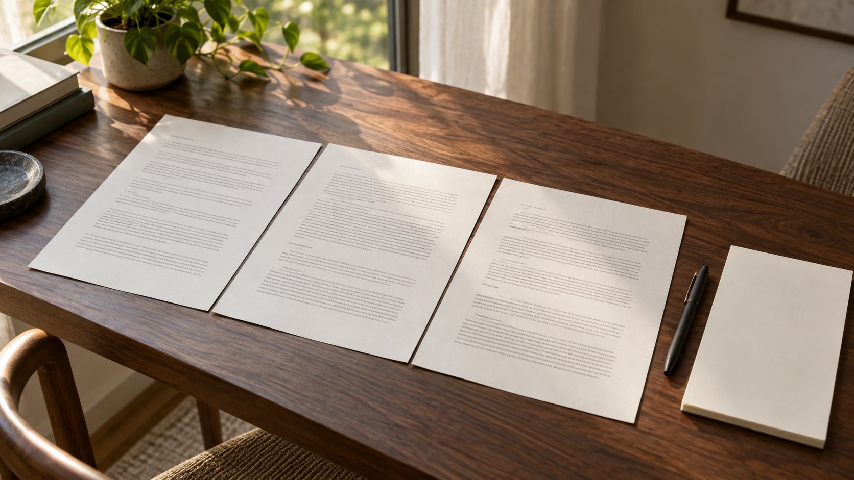 Three generic report pages beside a blank notebook and pen on a desk