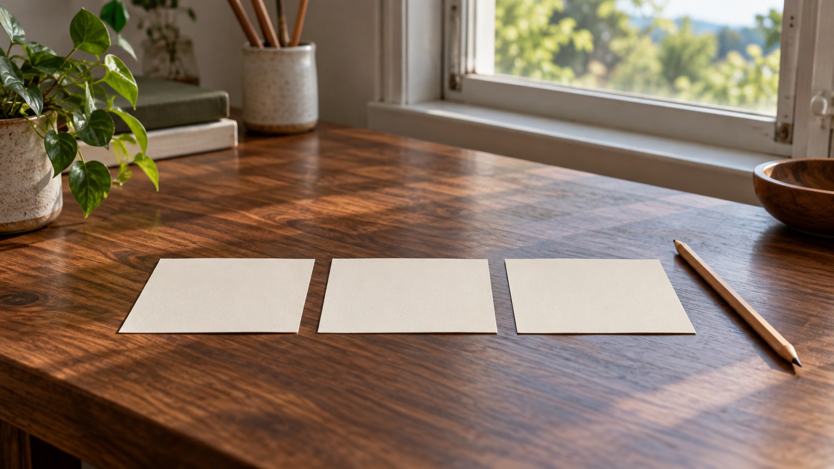 Three blank ivory cards and a pencil on a wooden table beside a window.