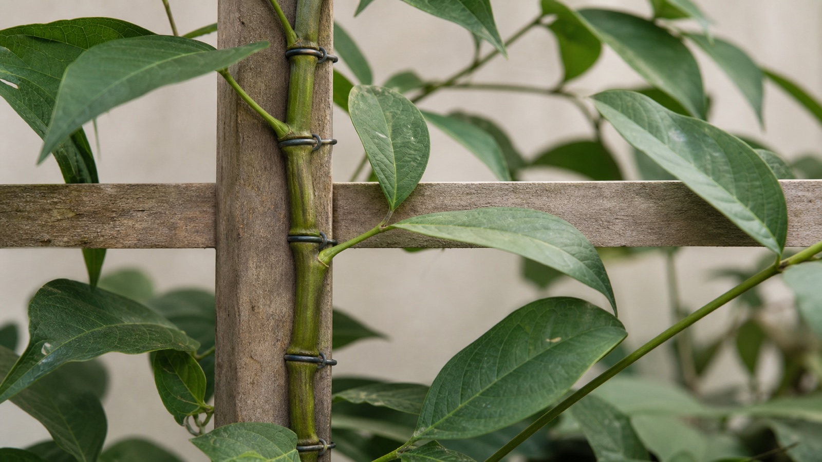 A living vine repeatedly bound too tightly to a wooden garden trellis