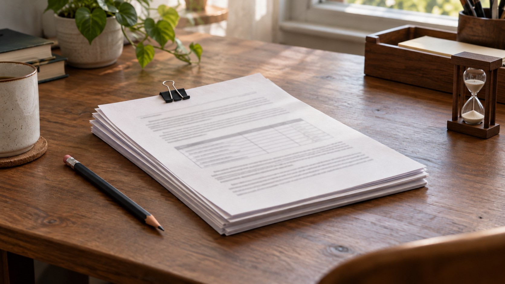 Clipped reports and a pencil on a wooden desk beside a small sand timer.