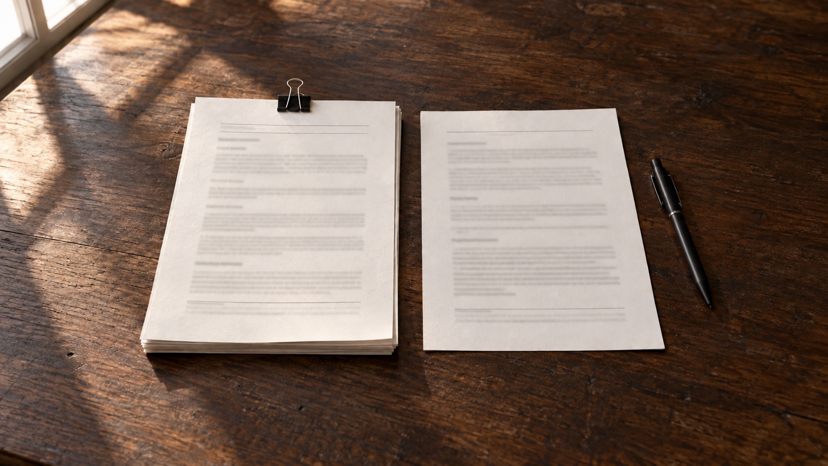 A clipped document stack and a separate printed sheet beside a black pen on a wooden table.