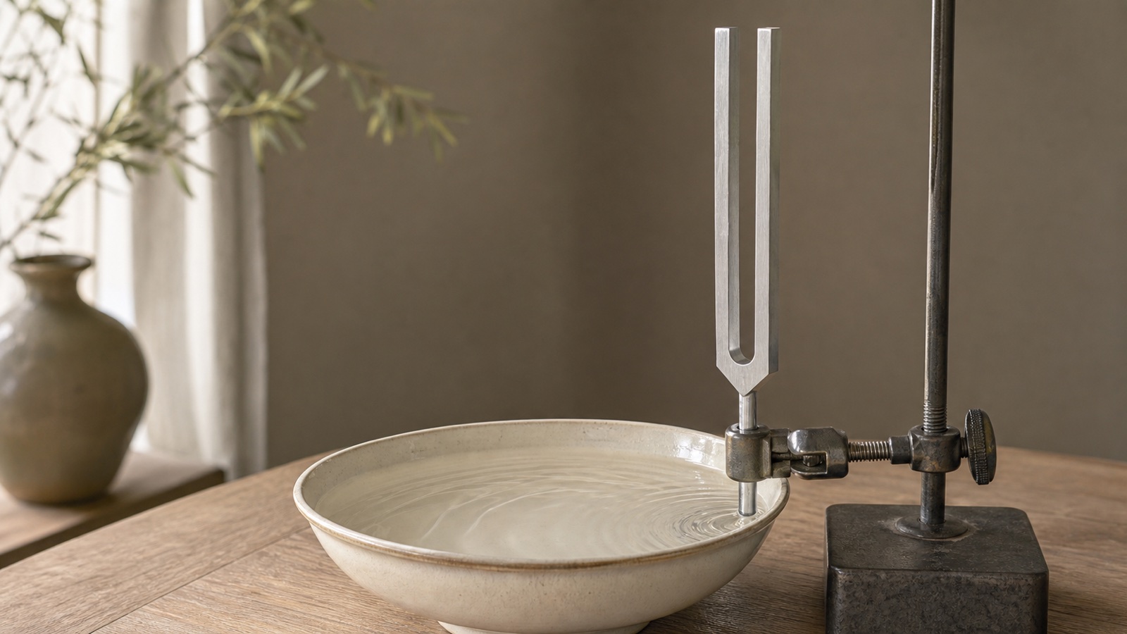 A clamped metal tuning fork sending faint ripples through a shallow bowl of water