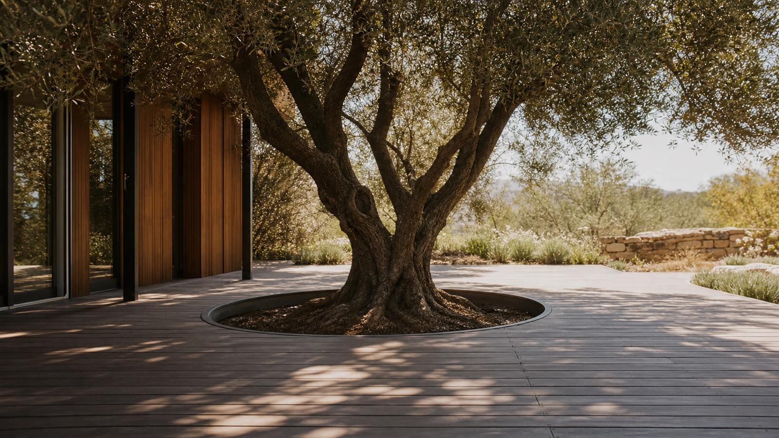 A modern timber deck designed around a mature olive tree with room for its trunk to grow