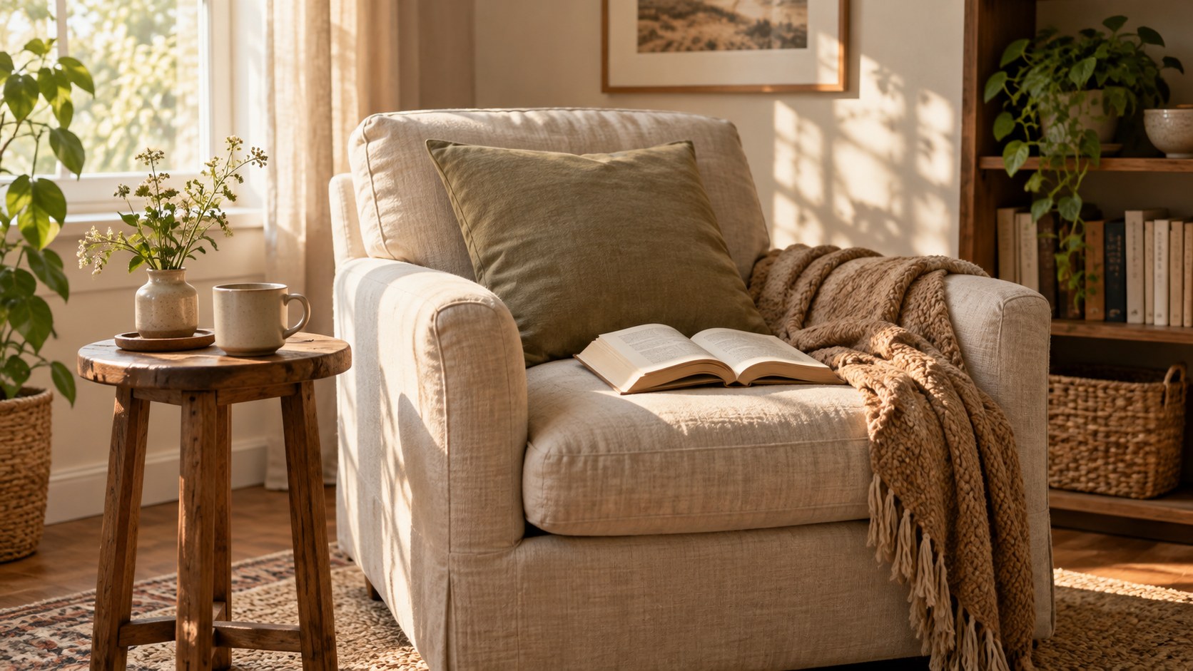 An open book on a linen armchair beside a small table and ceramic cup.