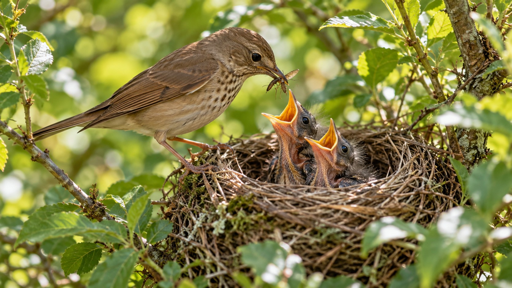 An adult bird offering an insect to two nestlings.