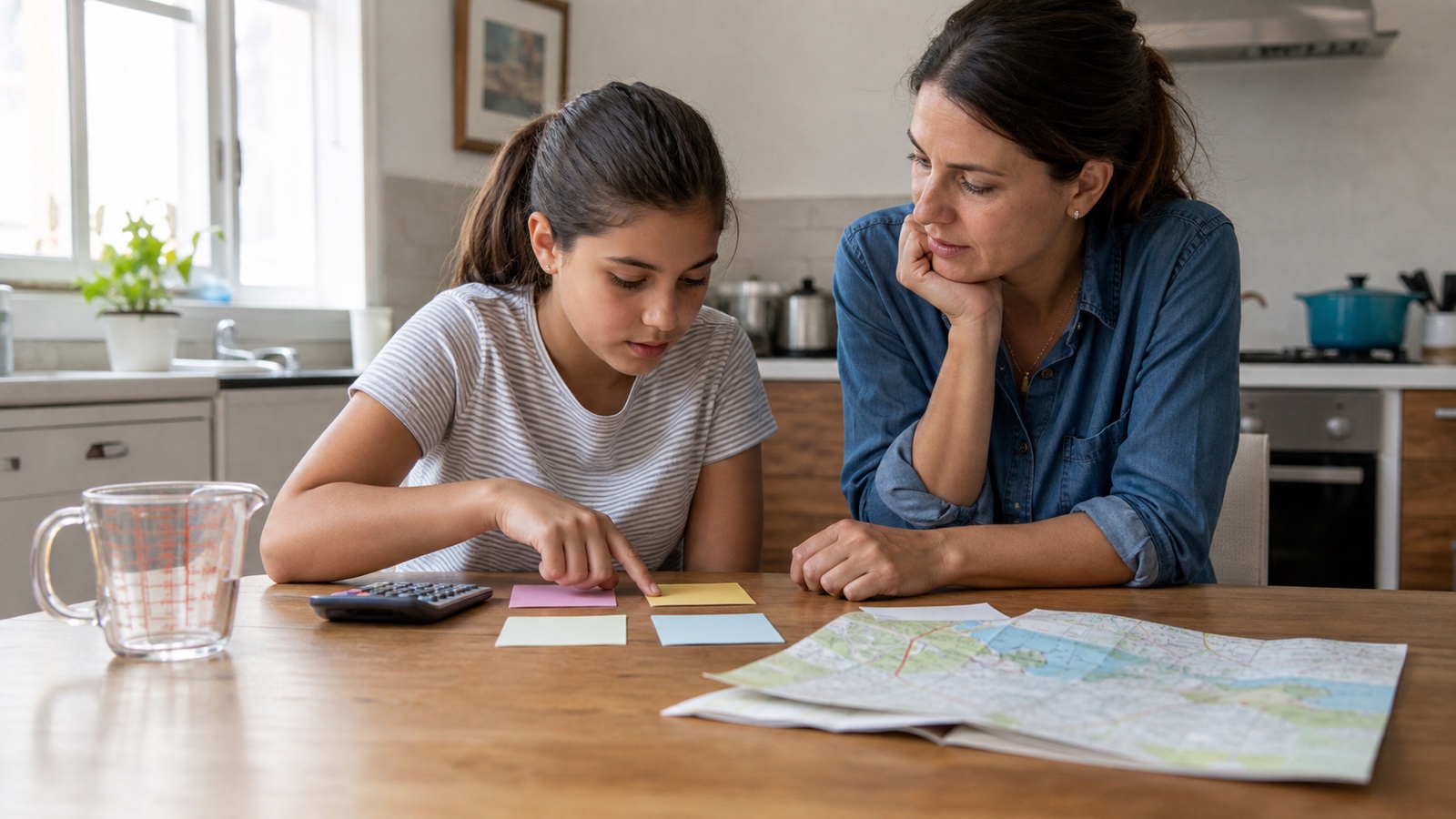 An adult guiding a child through a practical planning exercise at a kitchen table