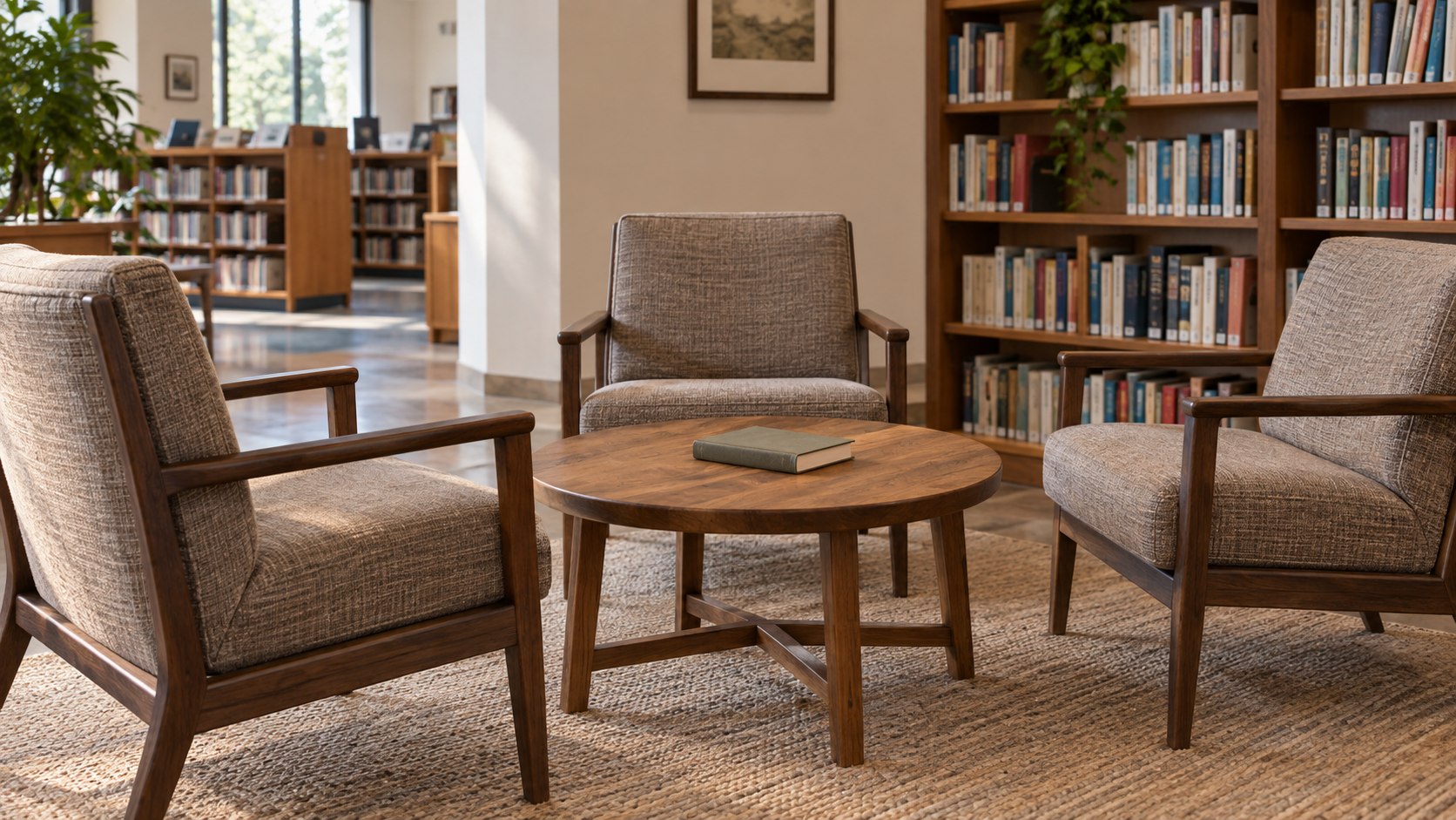 Three upholstered chairs around a wooden table with a closed book in a library.