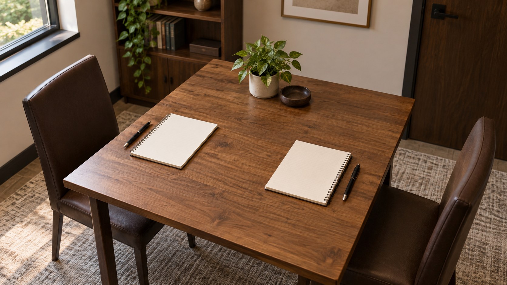 Two writing pads and pens set across a table for a private work conversation