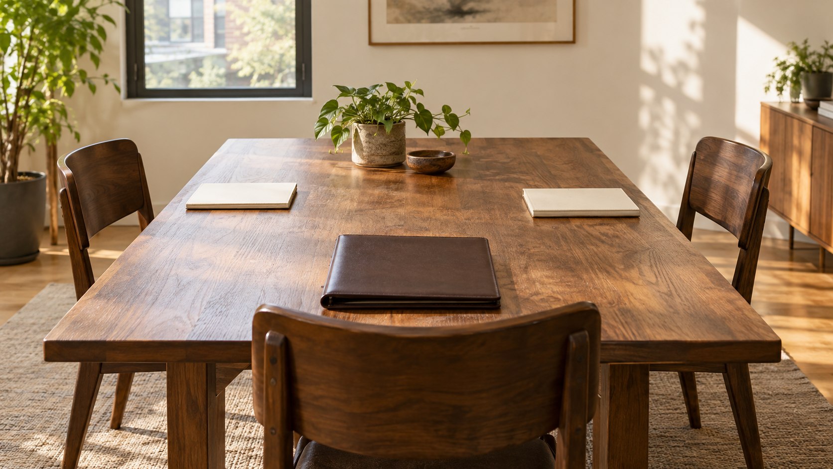 Three matching wooden chairs around a meeting table with a closed folder and two plain notebooks.